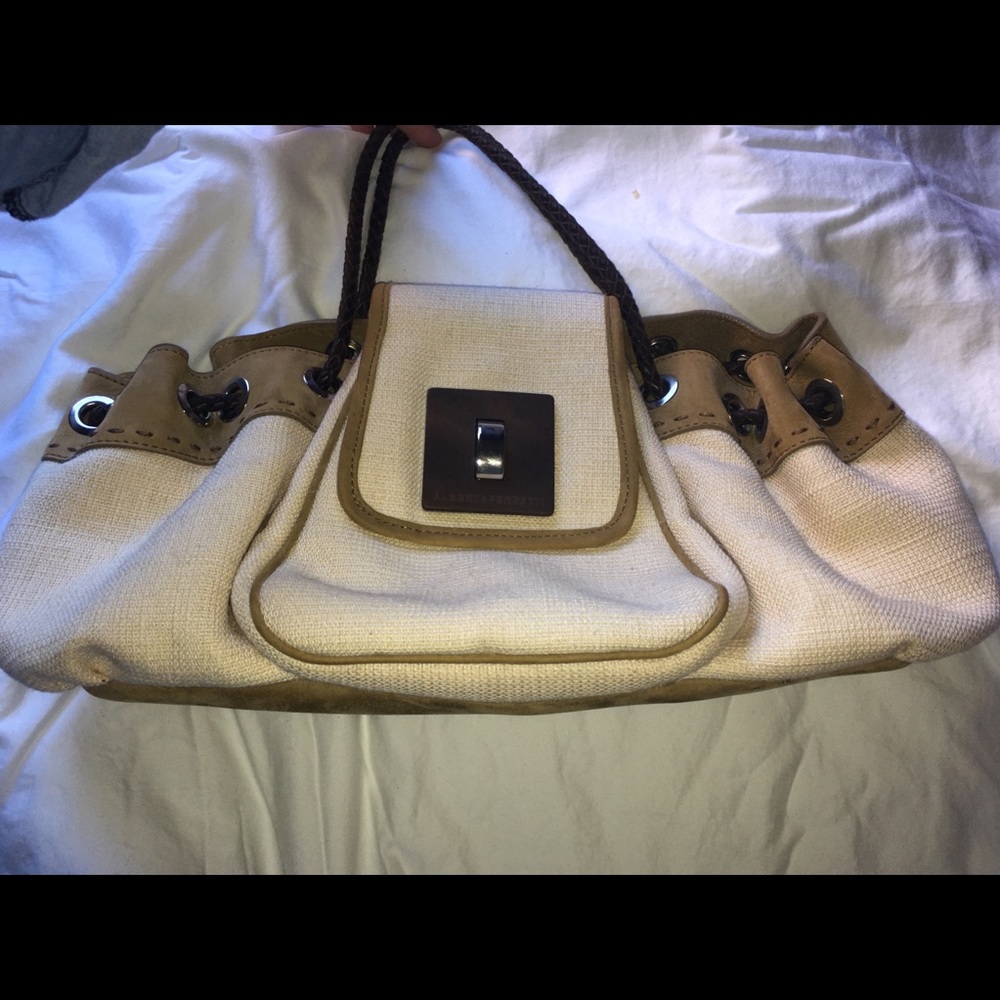 Alberta Ferretti purse canvas/leather/wood